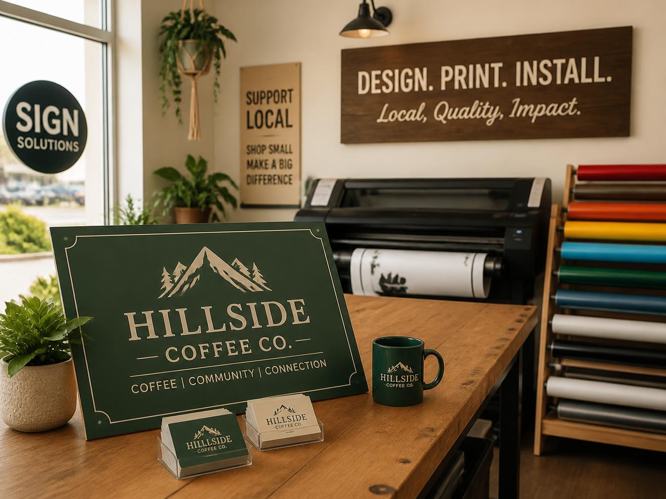 Custom sign and print shop with vinyl rolls, large format printer, and finished business materials